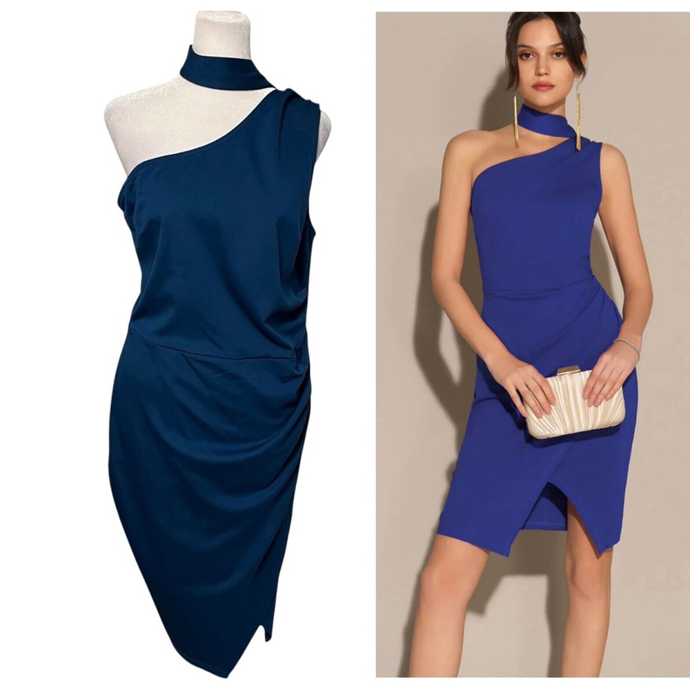 Grace Karin Teal One Shoulder Ruched Bodycon Dress Removable Scarf Large NWT